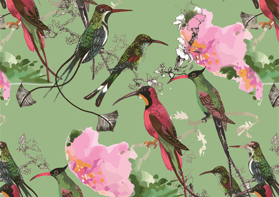 春日花园里的蜂鸟与花卉面料印花服装