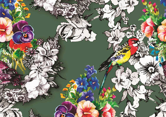 时尚花卉鸟类图案面料印花服装印花设计