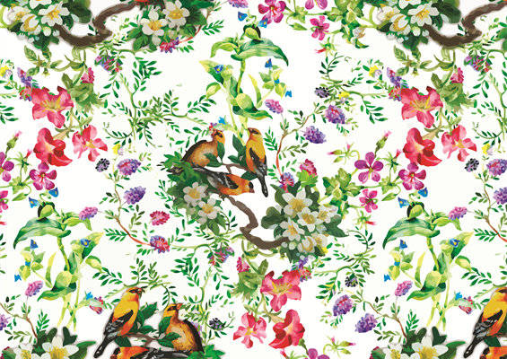 春日花园鸟语花香面料印花，时尚服装印花设计