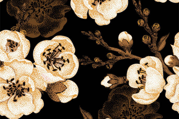 优雅黑色背景上的金色花卉服装印花面料设计