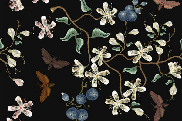 优雅花卉与昆虫图案服装印花面料设计