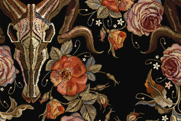 复古花卉与昆虫图案服装印花面料设计