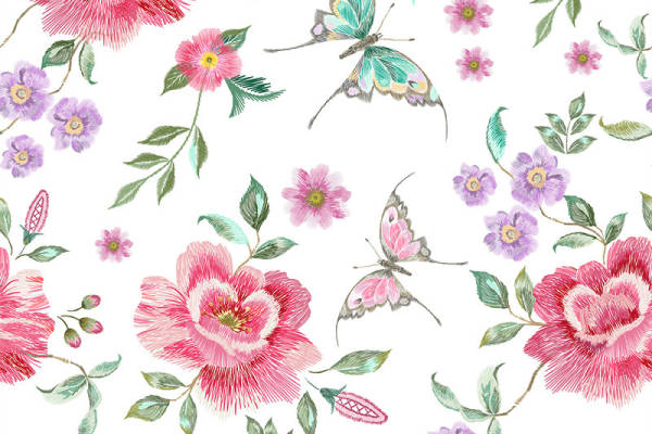 优雅花卉与蝴蝶图案服装印花面料设计