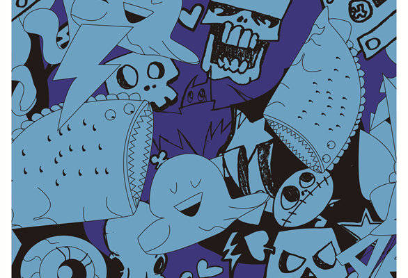 时尚街头风格服装印花：蓝色海洋生物与骷髅元素面料印花
