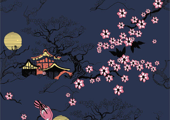 日本传统风格面料印花:樱花与古建筑服装印花设计