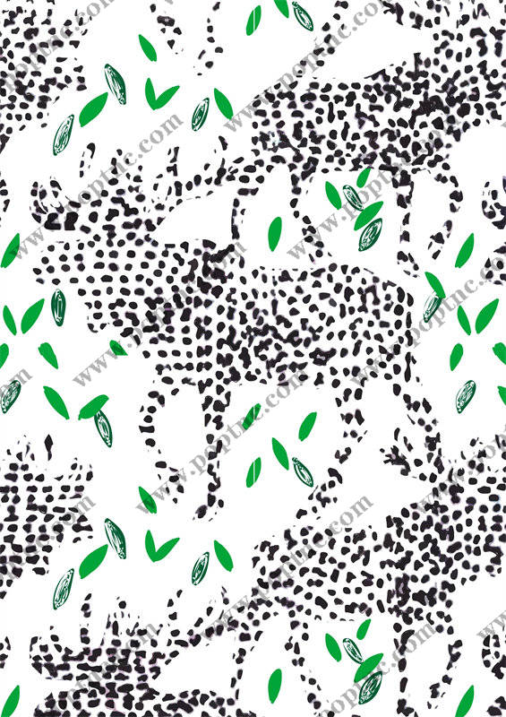 时尚黑白斑马纹面料印花,清新绿叶点缀服装印花设计