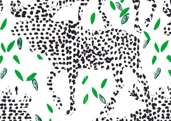 时尚黑白斑马纹面料印花,清新绿叶点缀服装印花设计