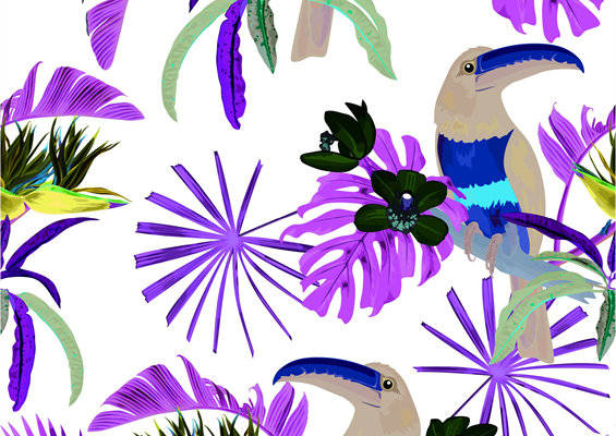 热带风情鸟类与花卉面料印花服装印花设计