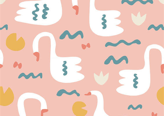 可爱天鹅图案粉色面料印花，适合儿童服装印花设计