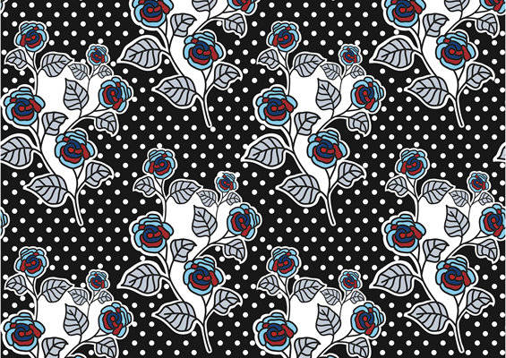 时尚经典黑白波点背景上的花卉服装印花面料