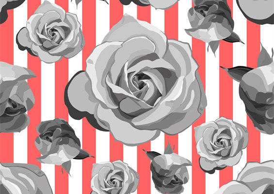 时尚黑白玫瑰条纹面料印花服装印花设计