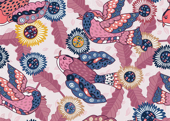 时尚复古风格鸟类与花卉图案服装印花面料设计