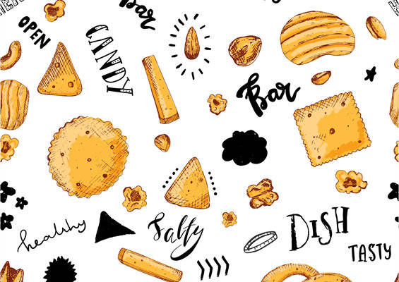时尚休闲零食主题服装印花设计：美味饼干与薯片图案面料印花