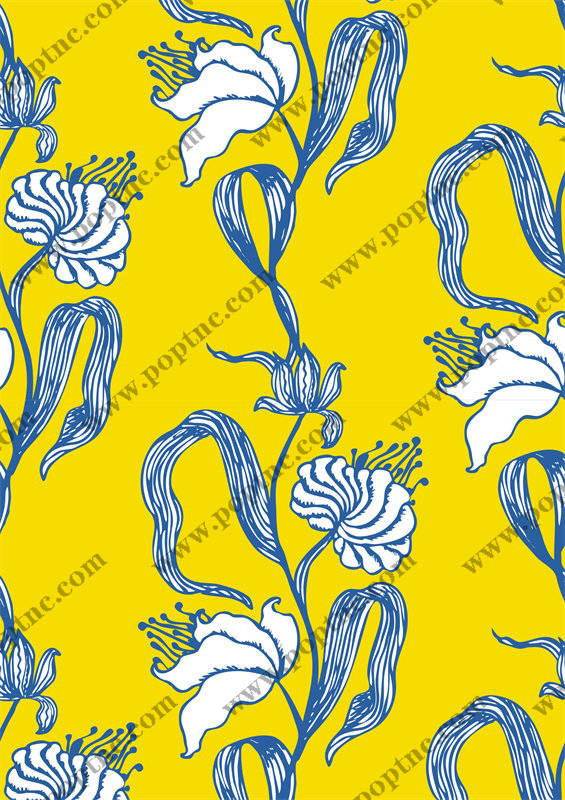 时尚黄色背景蓝色花卉服装印花面料设计