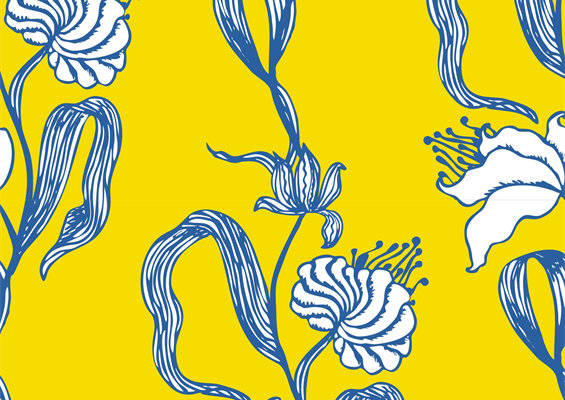 时尚黄色背景蓝色花卉服装印花面料设计