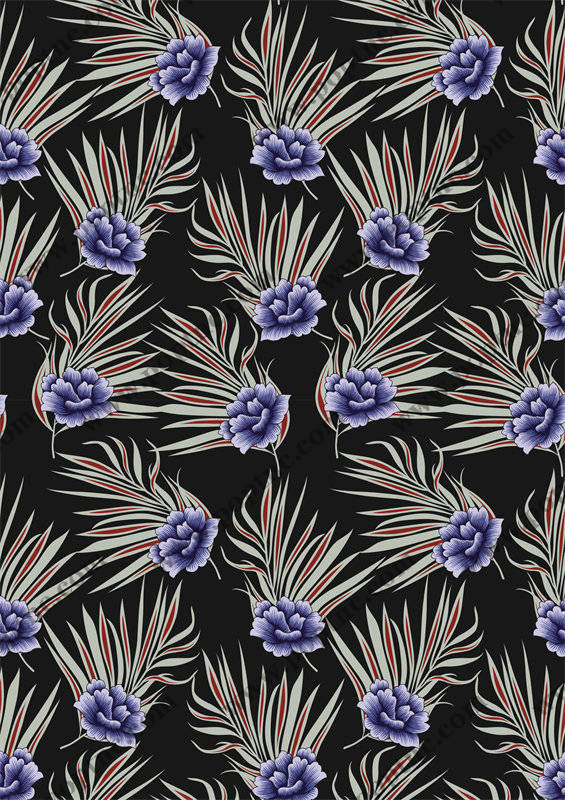 优雅紫色花朵与抽象线条结合的服装印花面料设计