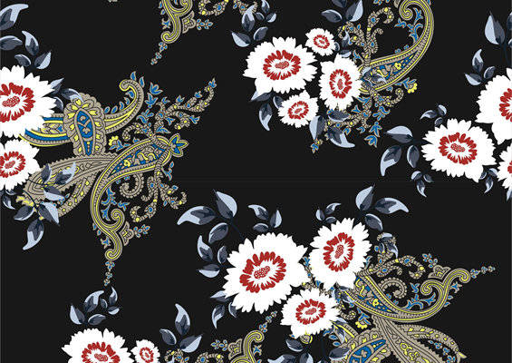 经典黑白花卉服装印花面料，时尚复古风格设计