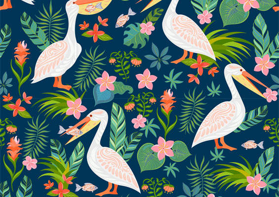 热带风情鹤鸟花卉面料印花服装印花设计