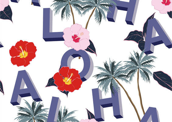 热带风情服装印花:Aloha花卉与棕榈树图案面料印花