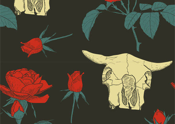 西部风情牛头骨与玫瑰面料印花服装