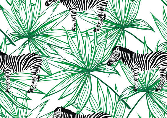 热带风情斑马与棕榈叶服装印花面料设计