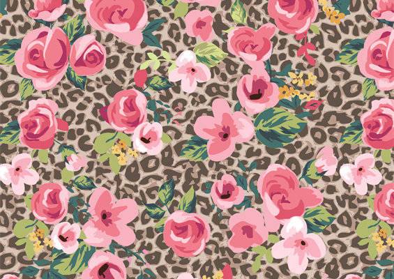 时尚豹纹背景上的粉色花卉服装印花面料