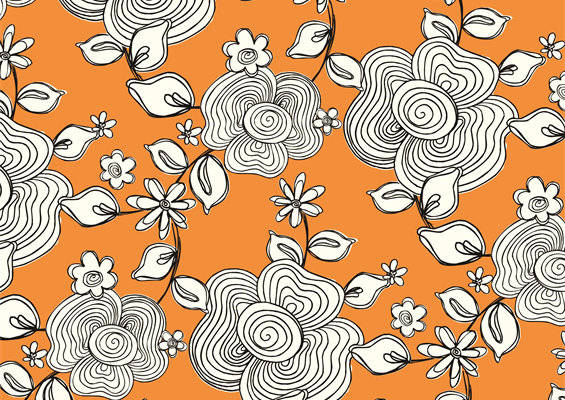 橙色背景上的黑白花卉图案服装印花面料设计