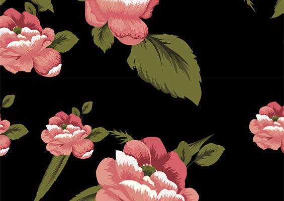 优雅黑色背景上的粉色牡丹花服装印花面料