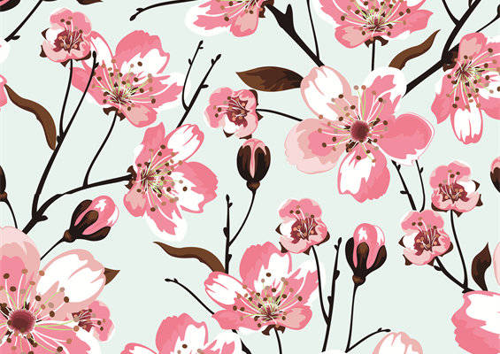 优雅樱花图案面料印花,春季女装服装印花设计