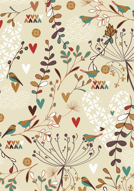 自然风格鸟类与花卉面料印花服装印花设计