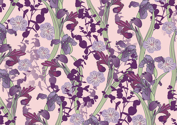 优雅紫色花卉面料印花，春夏服装印花设计