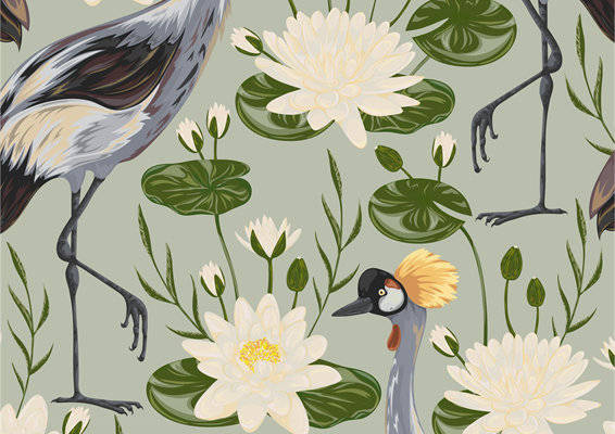 优雅灰鹤与洁白莲花图案面料印花服装印花设计