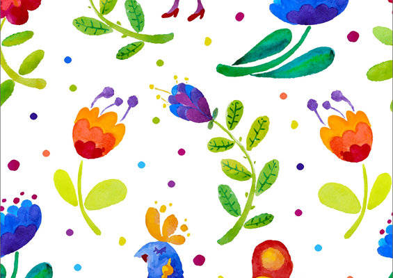 春日花卉与彩色小鸟图案服装印花面料设计