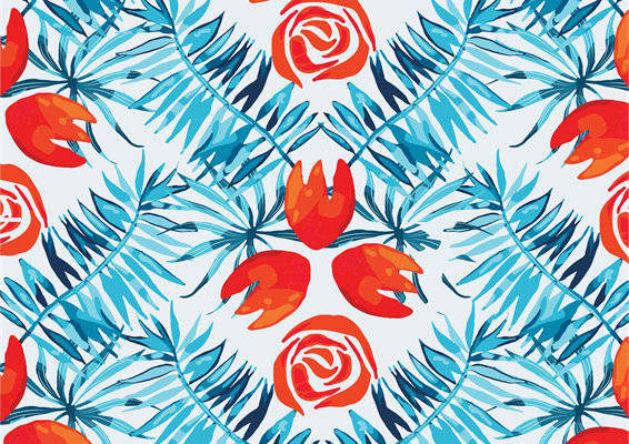 热带风情棕榈叶与火焰花服装印花面料设计