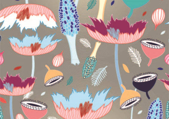 夏季时尚服装印花：热带风情蘑菇与花卉图案面料印花