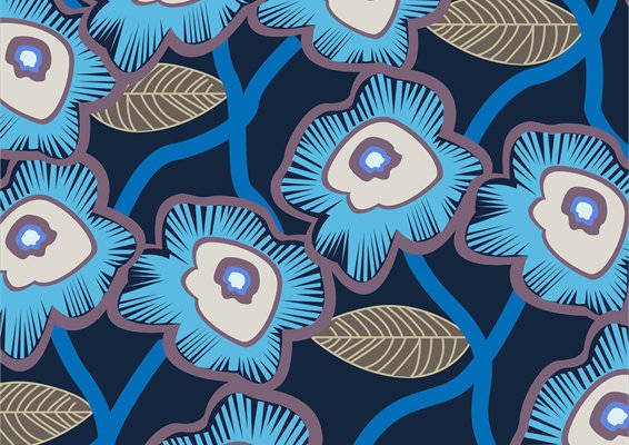 深蓝色背景上的孔雀羽毛服装印花面料设计