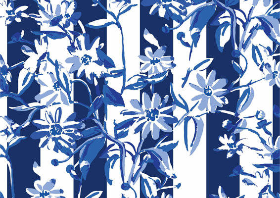 优雅蓝白花卉条纹服装印花面料设计
