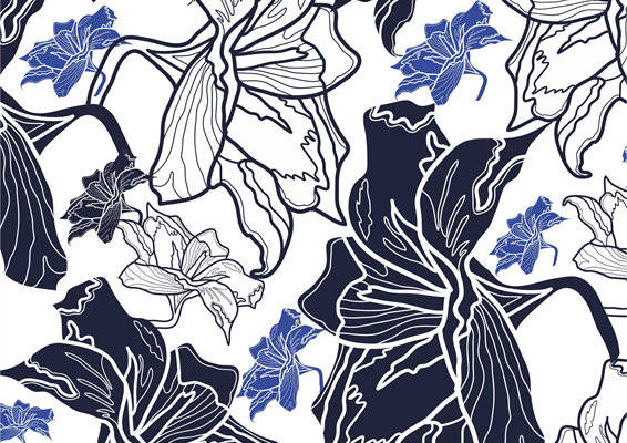 优雅蓝白花卉面料印花，时尚服装印花设计