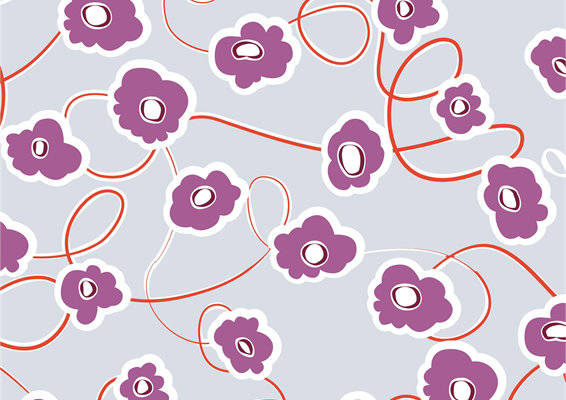 紫色花朵与橙色藤蔓图案面料印花服装印花设计