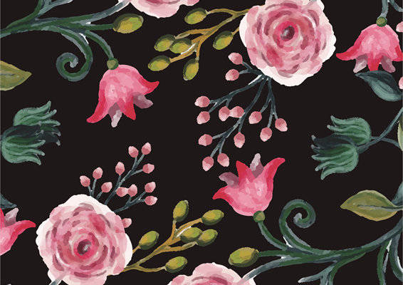 优雅黑色背景上的粉色花卉服装印花面料设计