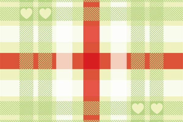清新田园风格服装印花面料设计：绿色格子与爱心图案