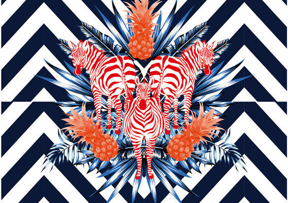 热带风情红蓝白人字纹面料印花服装