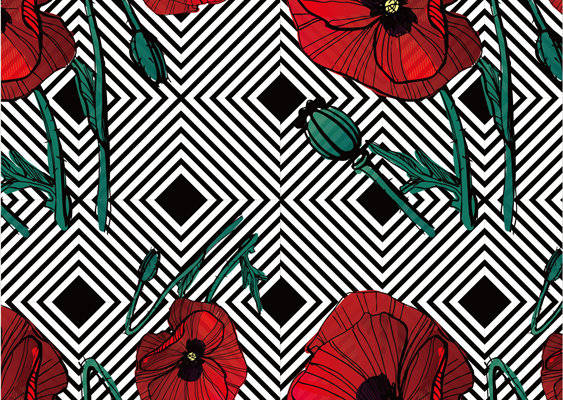 时尚几何图案与红色罂粟花服装印花面料设计