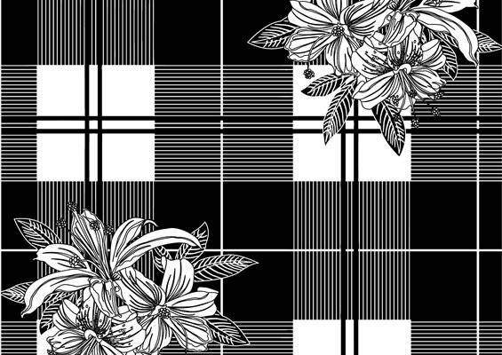 黑白经典格子花卉图案服装印花面料设计