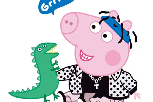 卡通风格裁片印花服装:可爱小猪与恐龙图案