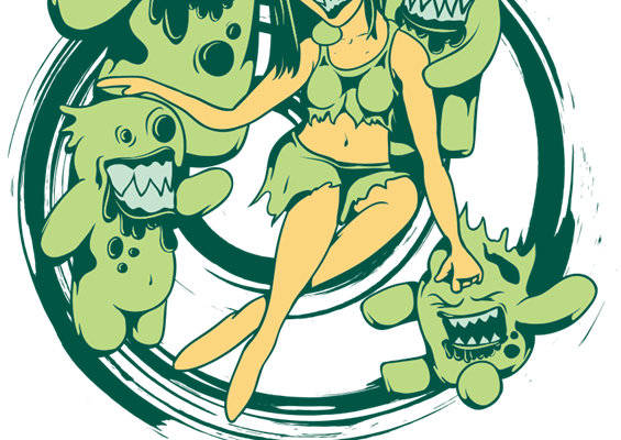 创意裁片印花服装:欢乐女孩与绿色怪兽的趣味设计