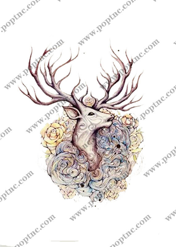 优雅鹿头与花卉图案裁片印花服装印花设计