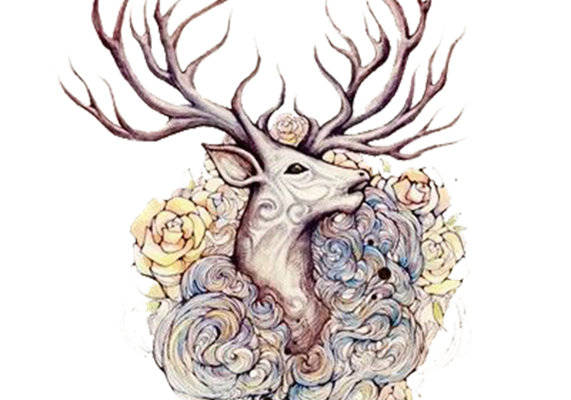 优雅鹿头与花卉图案裁片印花服装印花设计