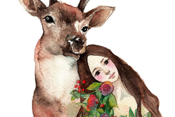 梦幻森林风格鹿与少女裁片印花服装印花设计