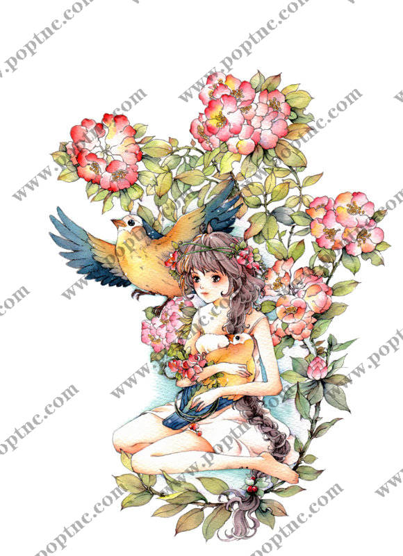 梦幻森女风格裁片印花服装 春日花卉与鸟儿图案服装印花